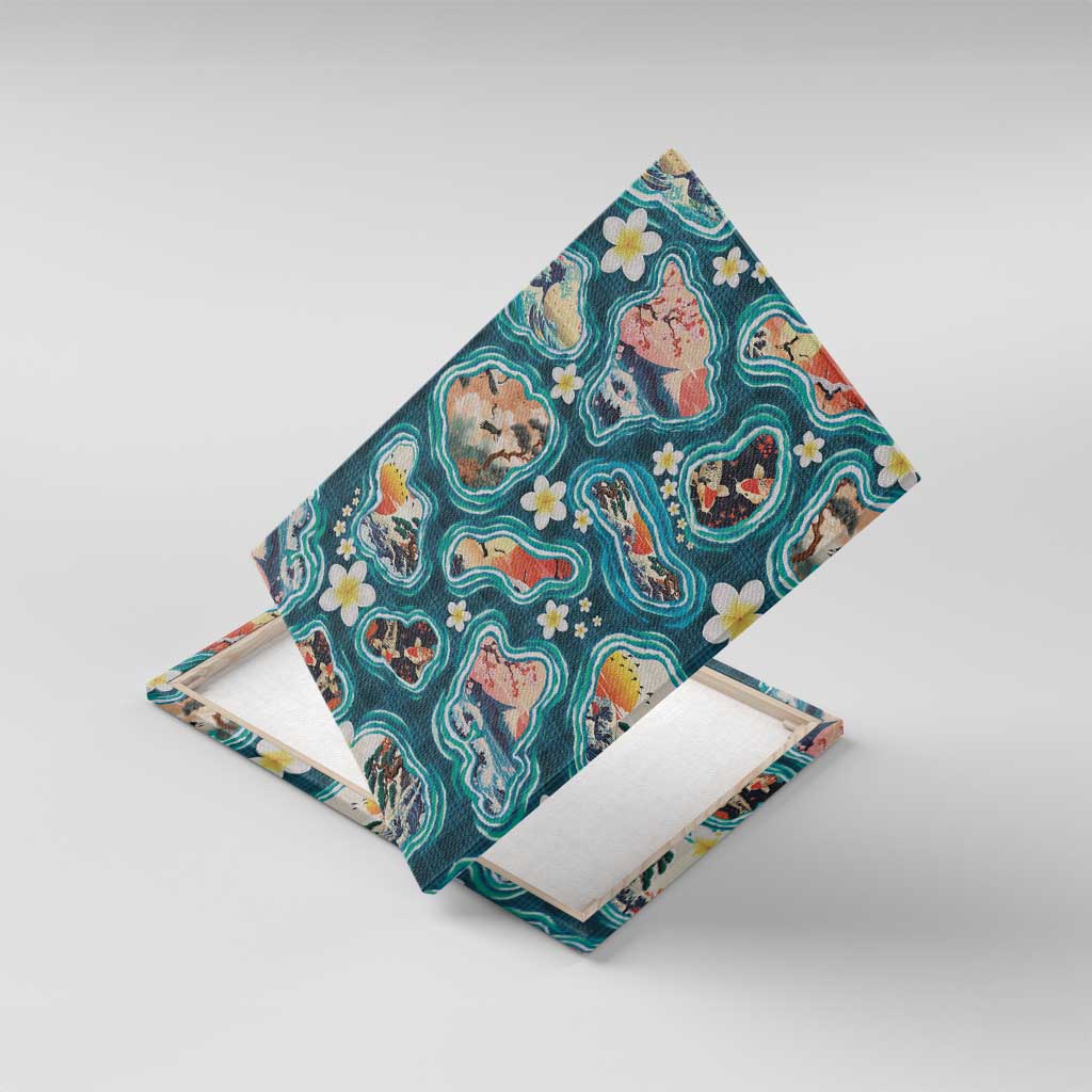 Hawaiian and Japanese Culture Together Canvas Wall Art Hawaiian Island Shapes with Japanese Landscape Teal Color LT03 With Frame Teal - Polynesian Pride