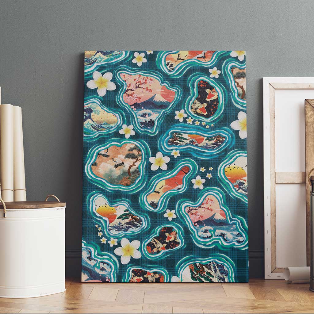 Hawaiian and Japanese Culture Together Canvas Wall Art Hawaiian Island Shapes with Japanese Landscape Teal Color LT03 - Polynesian Pride