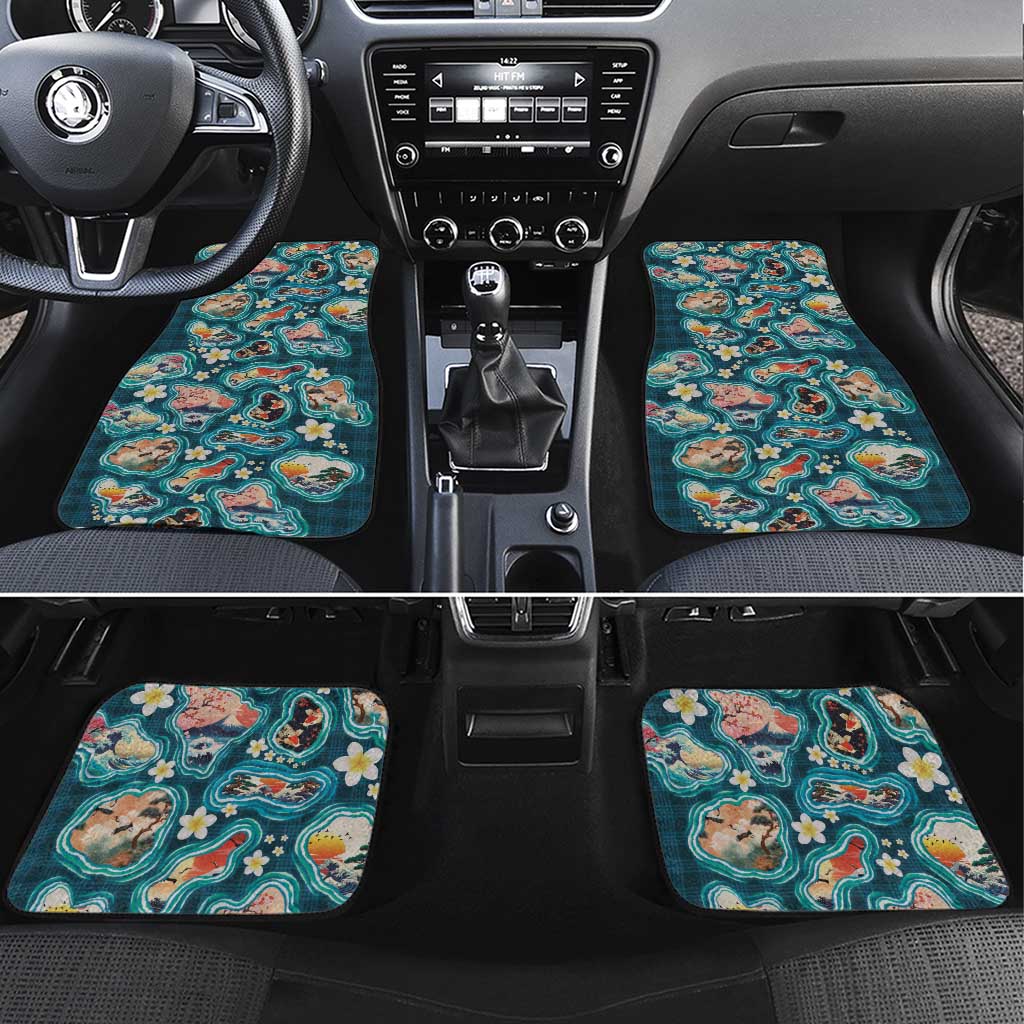 Hawaiian and Japanese Culture Together Car Mats Hawaiian Island Shapes with Japanese Landscape Teal Color