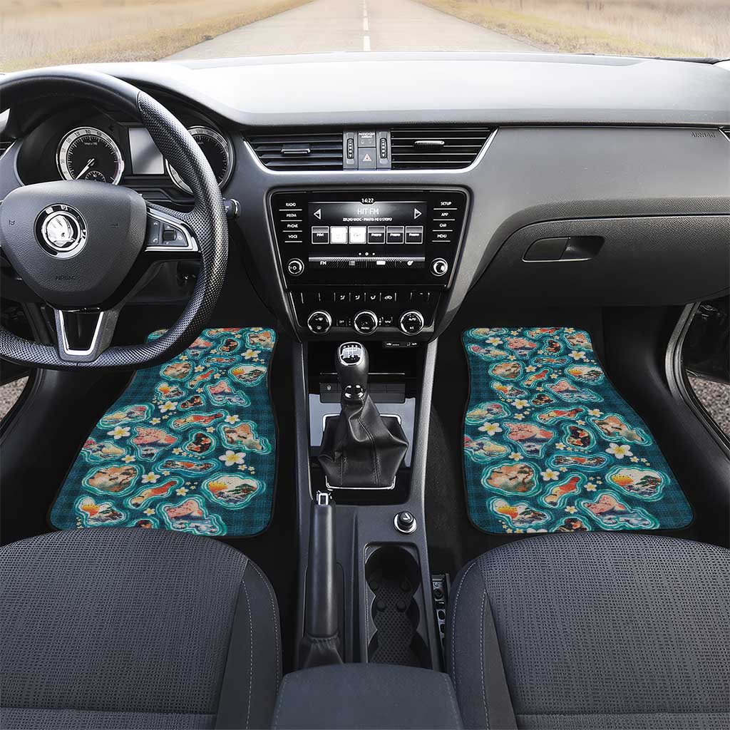 Hawaiian and Japanese Culture Together Car Mats Hawaiian Island Shapes with Japanese Landscape Teal Color LT03 Set 2pcs - Front Teal - Polynesian Pride