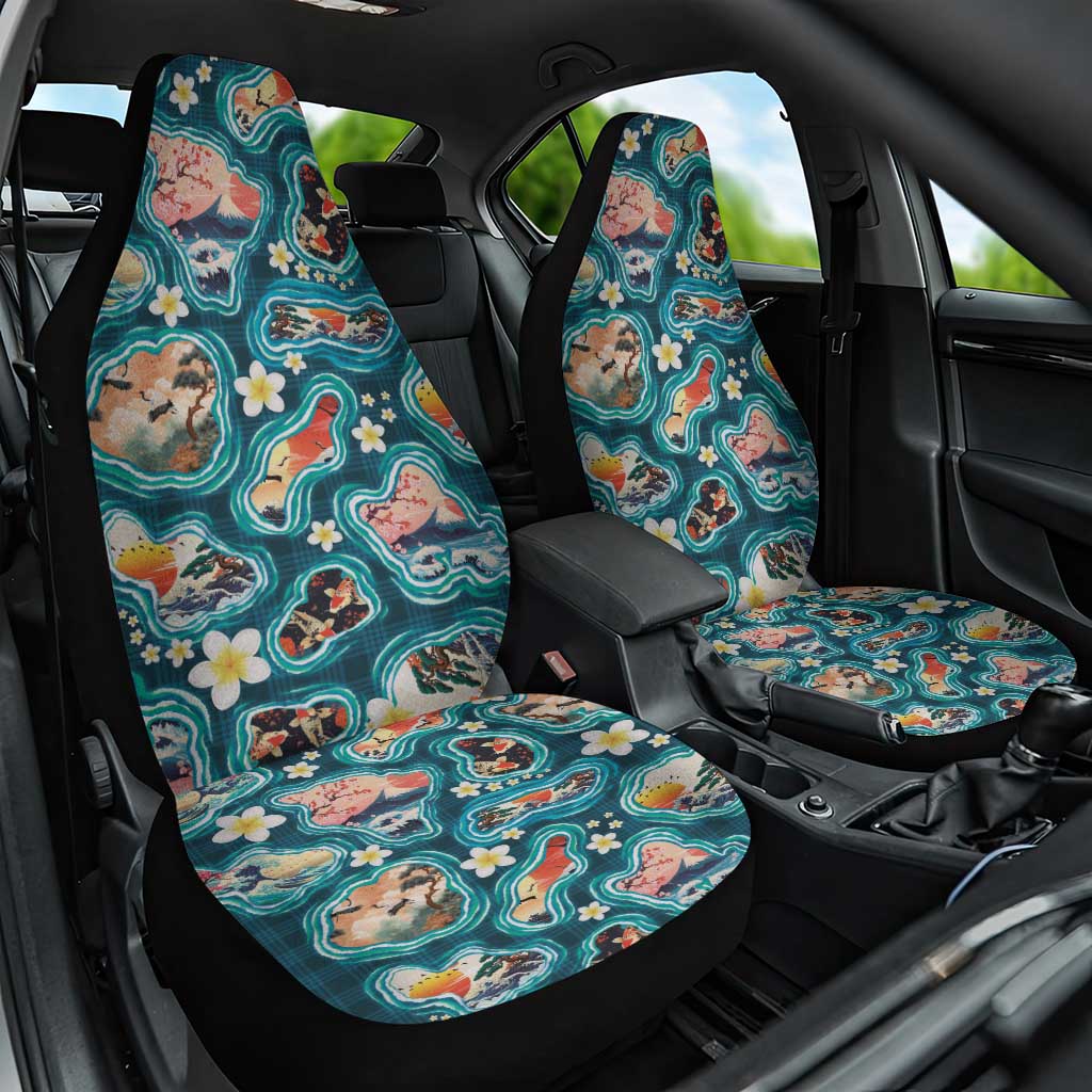 Hawaiian and Japanese Culture Together Car Seat Cover Hawaiian Island Shapes with Japanese Landscape Teal Color