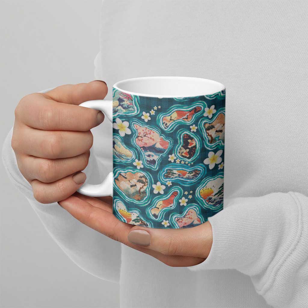 Hawaiian and Japanese Culture Together Ceramic Mug Hawaiian Island Shapes with Japanese Landscape Teal Color LT03 - Polynesian Pride