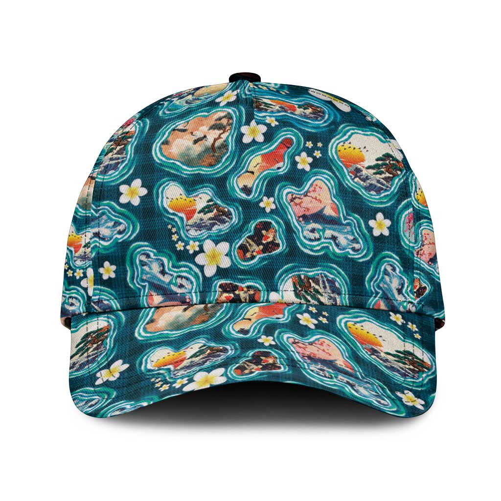 Hawaiian and Japanese Culture Together Classic Cap Hawaiian Island Shapes with Japanese Landscape Teal Color LT03 Universal Fit Teal - Polynesian Pride