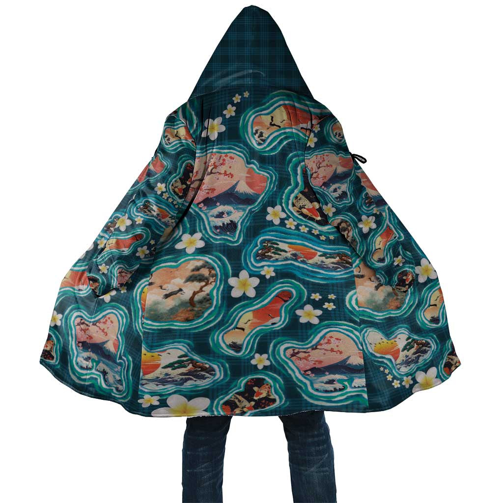 Hawaiian and Japanese Culture Together Cloak Hawaiian Island Shapes with Japanese Landscape Teal Color