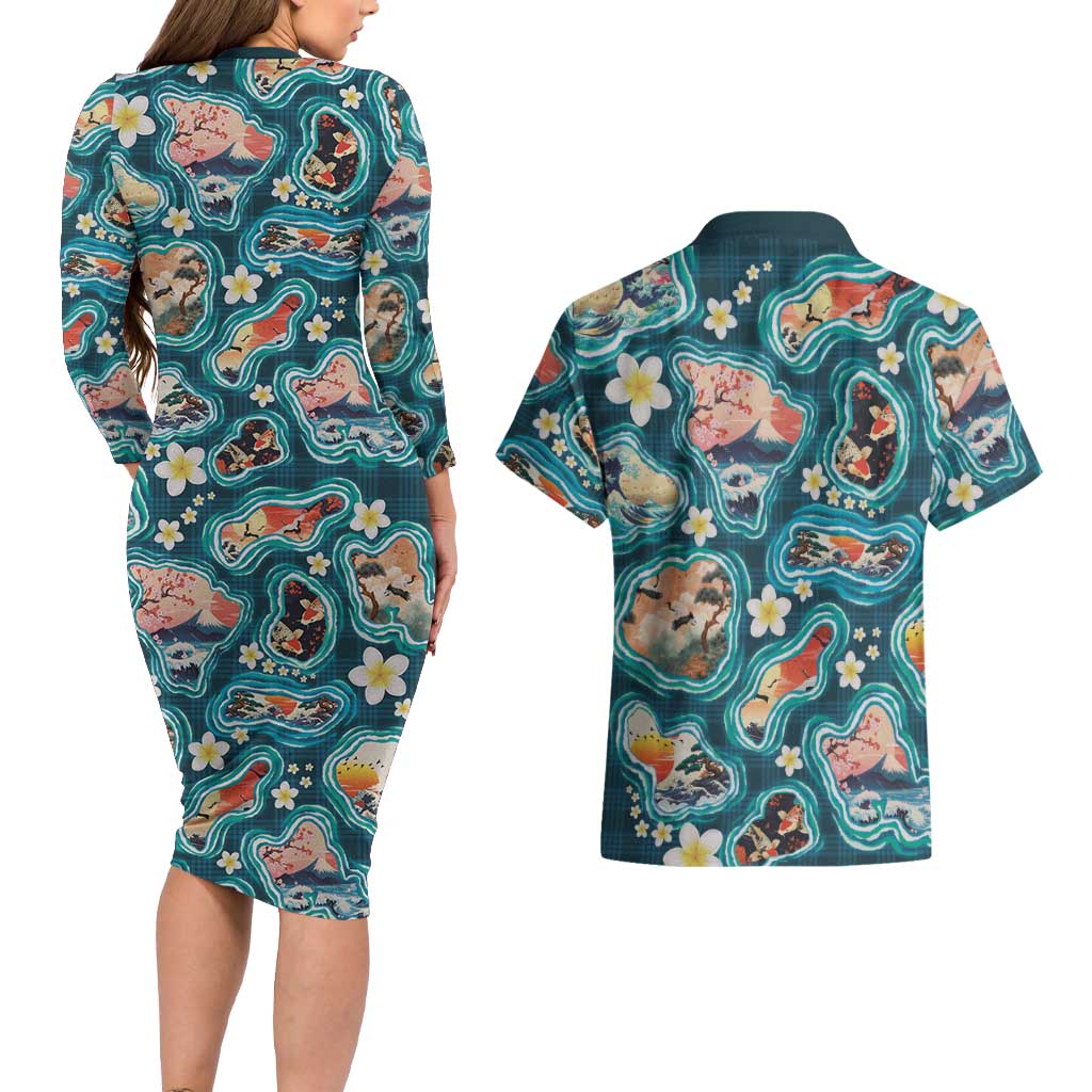 Hawaiian and Japanese Culture Together Couples Matching Long Sleeve Bodycon Dress and Hawaiian Shirt Hawaiian Island Shapes with Japanese Landscape Teal Color LT03 - Polynesian Pride