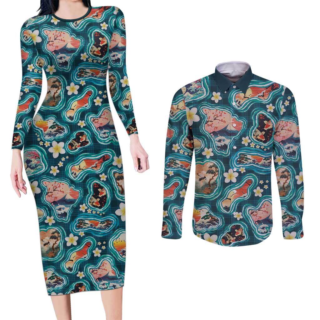Hawaiian and Japanese Culture Together Couples Matching Long Sleeve Bodycon Dress and Long Sleeve Button Shirt Hawaiian Island Shapes with Japanese Landscape Teal Color LT03 Teal - Polynesian Pride