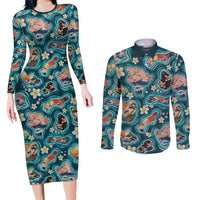 Hawaiian and Japanese Culture Together Couples Matching Long Sleeve Bodycon Dress and Long Sleeve Button Shirt Hawaiian Island Shapes with Japanese Landscape Teal Color LT03 Teal - Polynesian Pride