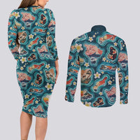 Hawaiian and Japanese Culture Together Couples Matching Long Sleeve Bodycon Dress and Long Sleeve Button Shirt Hawaiian Island Shapes with Japanese Landscape Teal Color LT03 - Polynesian Pride