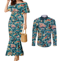 Hawaiian and Japanese Culture Together Couples Matching Mermaid Dress and Long Sleeve Button Shirt Hawaiian Island Shapes with Japanese Landscape Teal Color LT03 Teal - Polynesian Pride