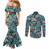 Hawaiian and Japanese Culture Together Couples Matching Mermaid Dress and Long Sleeve Button Shirt Hawaiian Island Shapes with Japanese Landscape Teal Color LT03 - Polynesian Pride