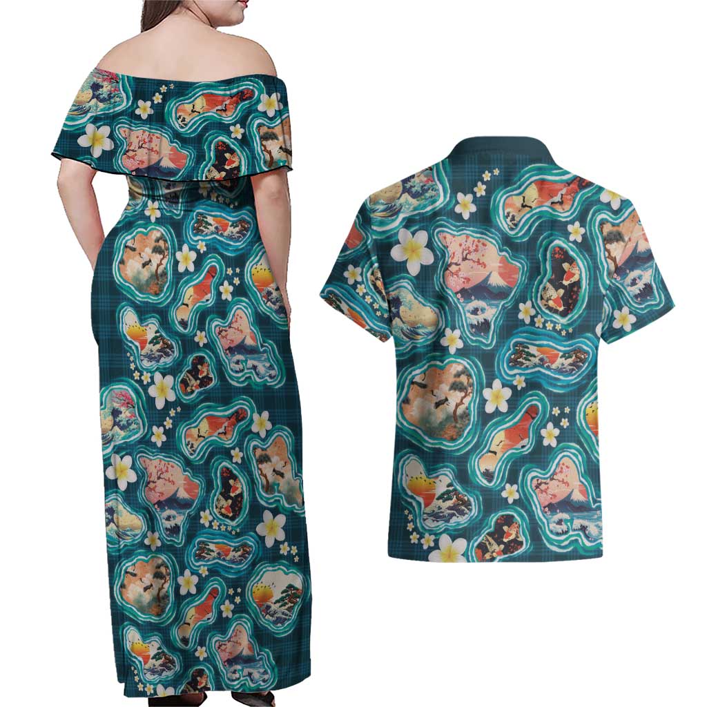 Hawaiian and Japanese Culture Together Couples Matching Off Shoulder Maxi Dress and Hawaiian Shirt Hawaiian Island Shapes with Japanese Landscape Teal Color LT03 - Polynesian Pride