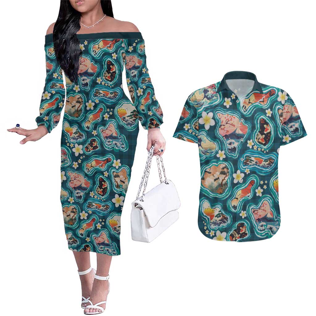 Hawaiian and Japanese Culture Together Couples Matching Off The Shoulder Long Sleeve Dress and Hawaiian Shirt Hawaiian Island Shapes with Japanese Landscape Teal Color LT03 Teal - Polynesian Pride