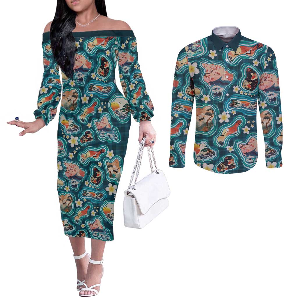 Hawaiian and Japanese Culture Together Couples Matching Off The Shoulder Long Sleeve Dress and Long Sleeve Button Shirt Hawaiian Island Shapes with Japanese Landscape Teal Color
