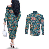 Hawaiian and Japanese Culture Together Couples Matching Off The Shoulder Long Sleeve Dress and Long Sleeve Button Shirt Hawaiian Island Shapes with Japanese Landscape Teal Color LT03 - Polynesian Pride