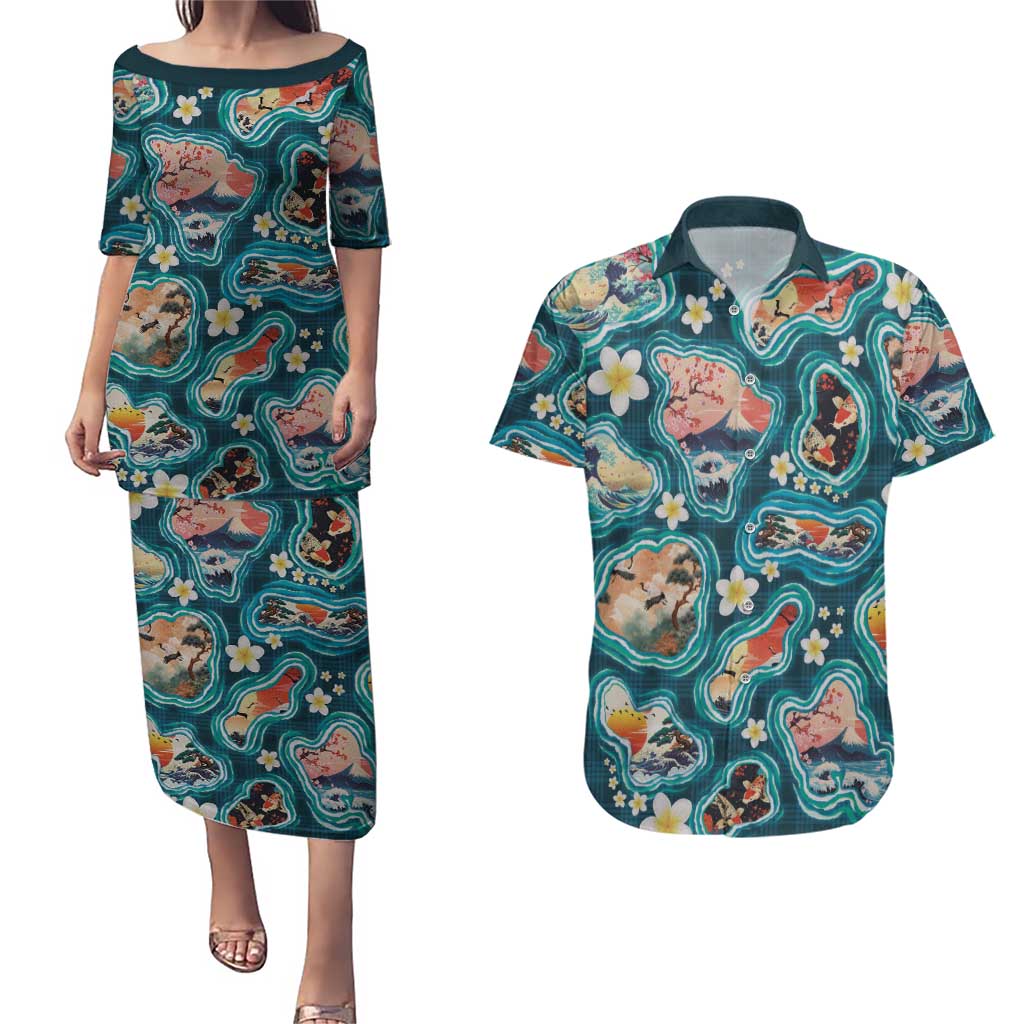 Hawaiian and Japanese Culture Together Couples Matching Puletasi and Hawaiian Shirt Hawaiian Island Shapes with Japanese Landscape Teal Color LT03 Teal - Polynesian Pride