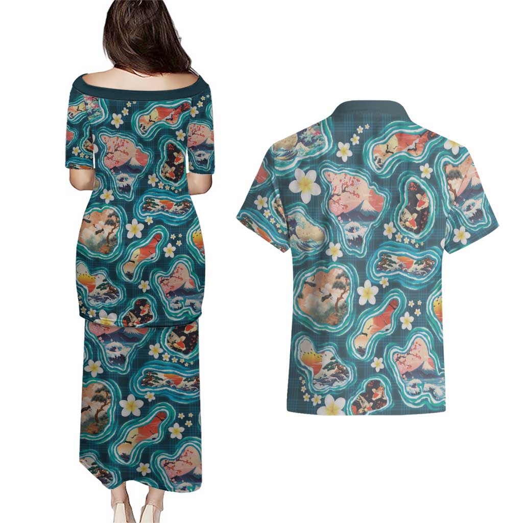 Hawaiian and Japanese Culture Together Couples Matching Puletasi and Hawaiian Shirt Hawaiian Island Shapes with Japanese Landscape Teal Color LT03 - Polynesian Pride