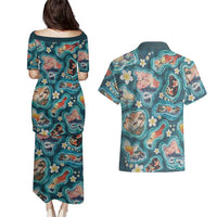 Hawaiian and Japanese Culture Together Couples Matching Puletasi and Hawaiian Shirt Hawaiian Island Shapes with Japanese Landscape Teal Color LT03 - Polynesian Pride