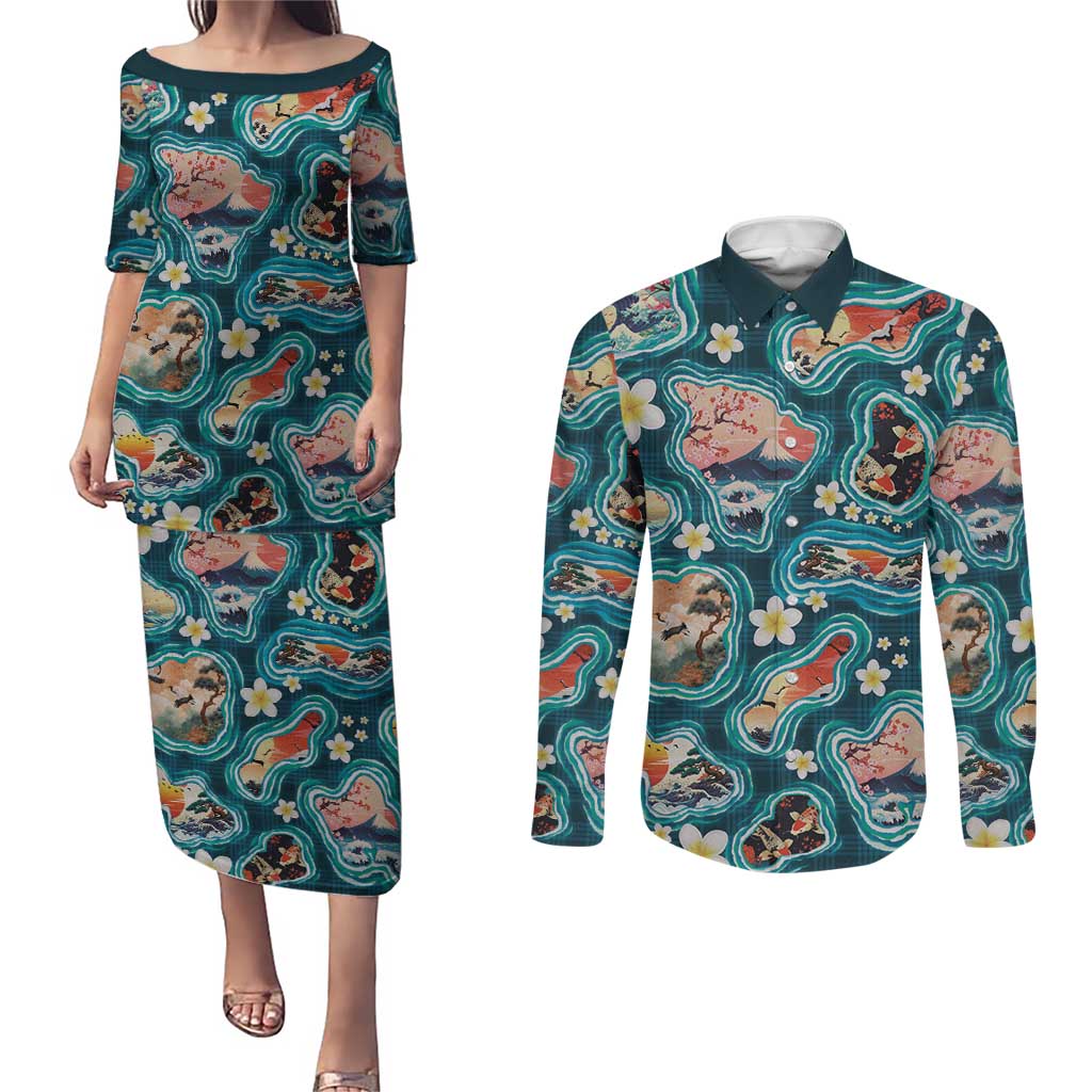 Hawaiian and Japanese Culture Together Couples Matching Puletasi and Long Sleeve Button Shirt Hawaiian Island Shapes with Japanese Landscape Teal Color
