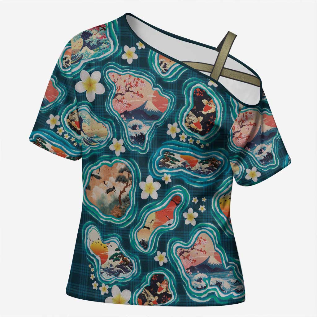 Hawaiian and Japanese Culture Together Cross Shoulder Shirt Hawaiian Island Shapes with Japanese Landscape Teal Color