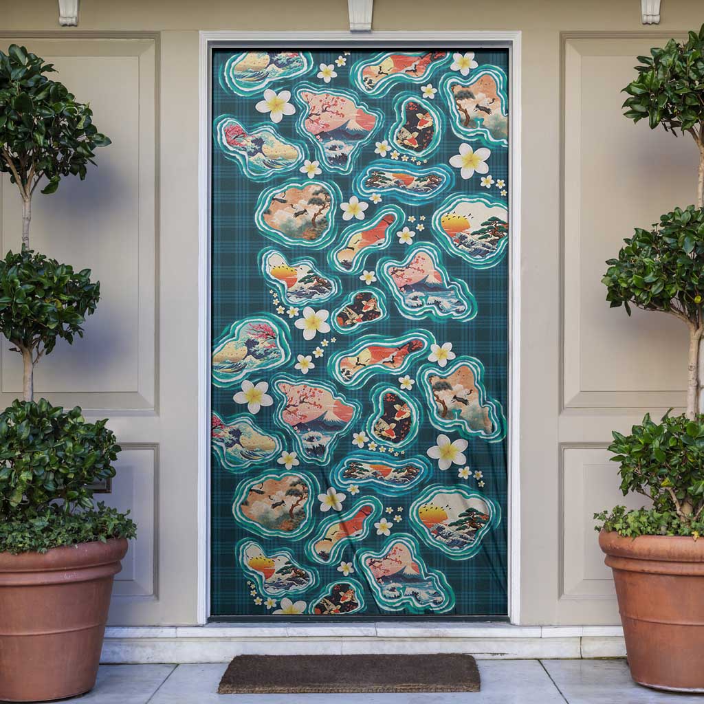 Hawaiian and Japanese Culture Together Door Cover Hawaiian Island Shapes with Japanese Landscape Teal Color