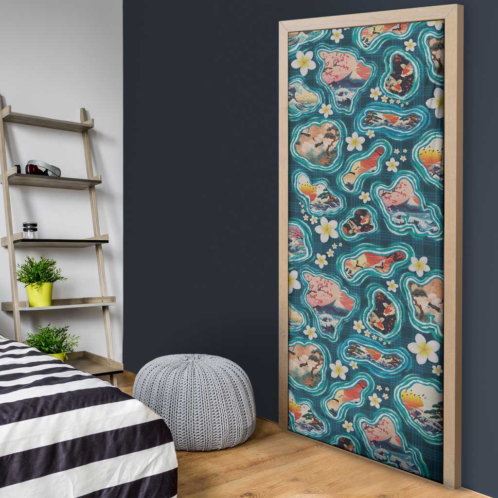 Hawaiian and Japanese Culture Together Door Cover Hawaiian Island Shapes with Japanese Landscape Teal Color LT03 - Polynesian Pride