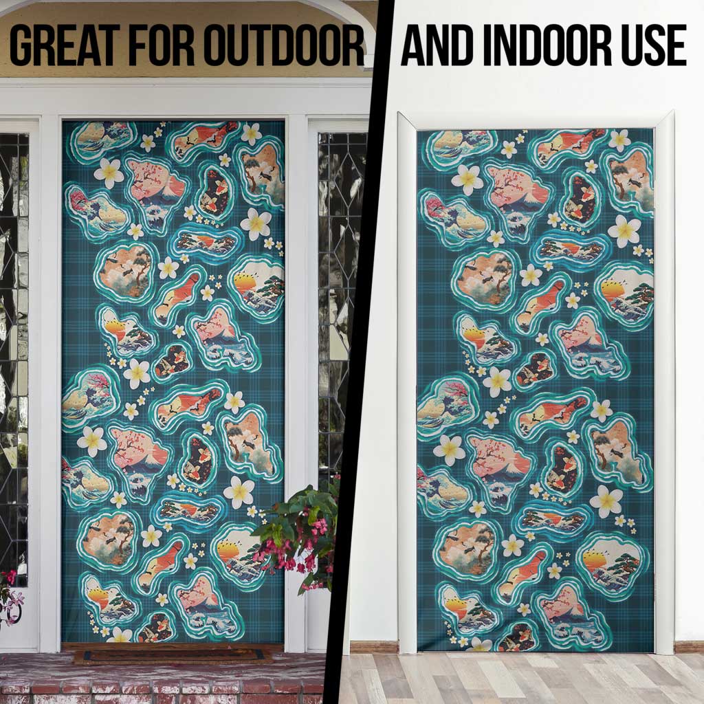 Hawaiian and Japanese Culture Together Door Cover Hawaiian Island Shapes with Japanese Landscape Teal Color LT03 - Polynesian Pride