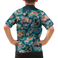 Hawaiian and Japanese Culture Together Family Matching Long Sleeve Bodycon Dress and Hawaiian Shirt Hawaiian Island Shapes with Japanese Landscape Teal Color LT03 - Polynesian Pride