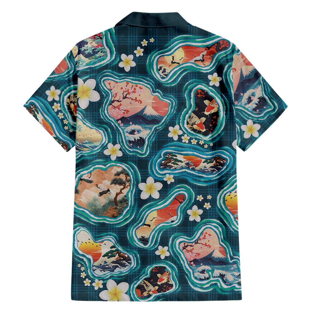 Hawaiian and Japanese Culture Together Family Matching Long Sleeve Bodycon Dress and Hawaiian Shirt Hawaiian Island Shapes with Japanese Landscape Teal Color LT03 - Polynesian Pride