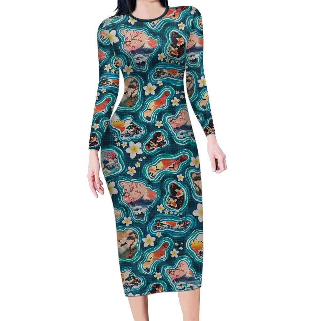 Hawaiian and Japanese Culture Together Family Matching Long Sleeve Bodycon Dress and Hawaiian Shirt Hawaiian Island Shapes with Japanese Landscape Teal Color LT03 Mom's Dress Teal - Polynesian Pride
