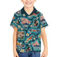 Hawaiian and Japanese Culture Together Family Matching Long Sleeve Bodycon Dress and Hawaiian Shirt Hawaiian Island Shapes with Japanese Landscape Teal Color LT03 Son's Shirt Teal - Polynesian Pride