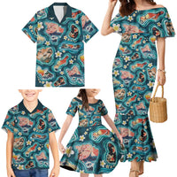 Hawaiian and Japanese Culture Together Family Matching Mermaid Dress and Hawaiian Shirt Hawaiian Island Shapes with Japanese Landscape Teal Color LT03 - Polynesian Pride
