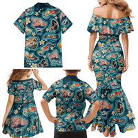Hawaiian and Japanese Culture Together Family Matching Mermaid Dress and Hawaiian Shirt Hawaiian Island Shapes with Japanese Landscape Teal Color LT03 - Polynesian Pride