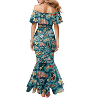 Hawaiian and Japanese Culture Together Family Matching Mermaid Dress and Hawaiian Shirt Hawaiian Island Shapes with Japanese Landscape Teal Color LT03 - Polynesian Pride