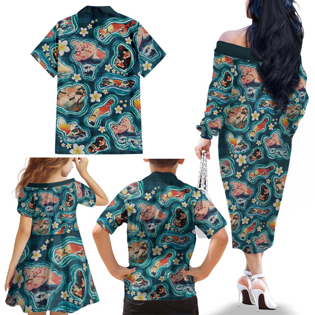 Hawaiian and Japanese Culture Together Family Matching Off The Shoulder Long Sleeve Dress and Hawaiian Shirt Hawaiian Island Shapes with Japanese Landscape Teal Color LT03 - Polynesian Pride