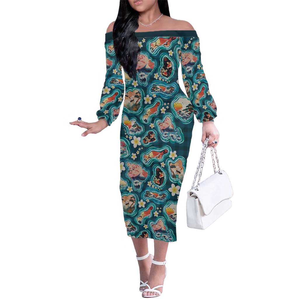 Hawaiian and Japanese Culture Together Family Matching Off The Shoulder Long Sleeve Dress and Hawaiian Shirt Hawaiian Island Shapes with Japanese Landscape Teal Color LT03 Mom's Dress Teal - Polynesian Pride