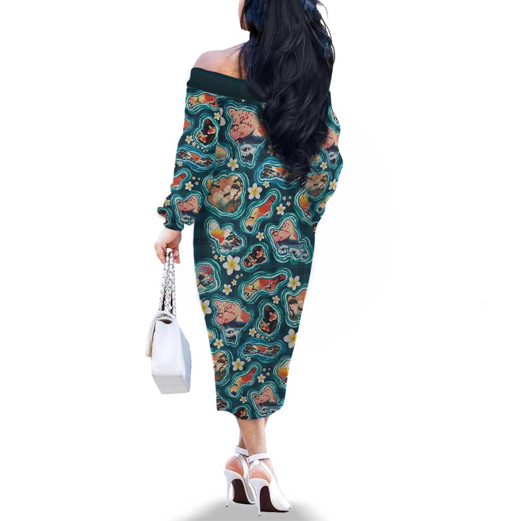 Hawaiian and Japanese Culture Together Family Matching Off The Shoulder Long Sleeve Dress and Hawaiian Shirt Hawaiian Island Shapes with Japanese Landscape Teal Color LT03 - Polynesian Pride