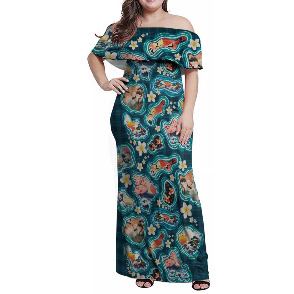 Hawaiian and Japanese Culture Together Family Matching Off Shoulder Maxi Dress and Hawaiian Shirt Hawaiian Island Shapes with Japanese Landscape Teal Color LT03 Mom's Dress Teal - Polynesian Pride