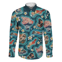 Hawaiian and Japanese Culture Together Family Matching Off Shoulder Short Dress and Hawaiian Shirt Hawaiian Island Shapes with Japanese Landscape Teal Color LT03 Dad's Shirt - Long Sleeve Teal - Polynesian Pride