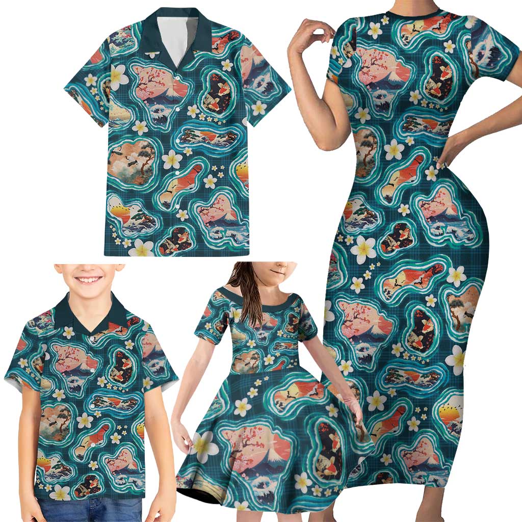 Hawaiian and Japanese Culture Together Family Matching Short Sleeve Bodycon Dress and Hawaiian Shirt Hawaiian Island Shapes with Japanese Landscape Teal Color