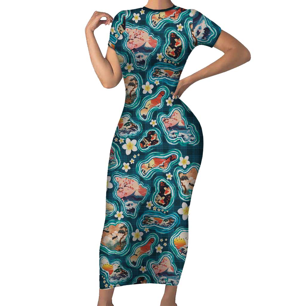 Hawaiian and Japanese Culture Together Family Matching Short Sleeve Bodycon Dress and Hawaiian Shirt Hawaiian Island Shapes with Japanese Landscape Teal Color LT03 Mom's Dress Teal - Polynesian Pride