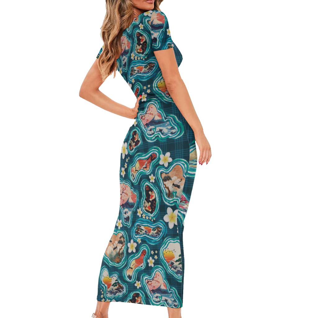 Hawaiian and Japanese Culture Together Family Matching Short Sleeve Bodycon Dress and Hawaiian Shirt Hawaiian Island Shapes with Japanese Landscape Teal Color LT03 - Polynesian Pride