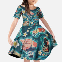 Hawaiian and Japanese Culture Together Family Matching Summer Maxi Dress and Hawaiian Shirt Hawaiian Island Shapes with Japanese Landscape Teal Color LT03 Daughter's Dress Teal - Polynesian Pride