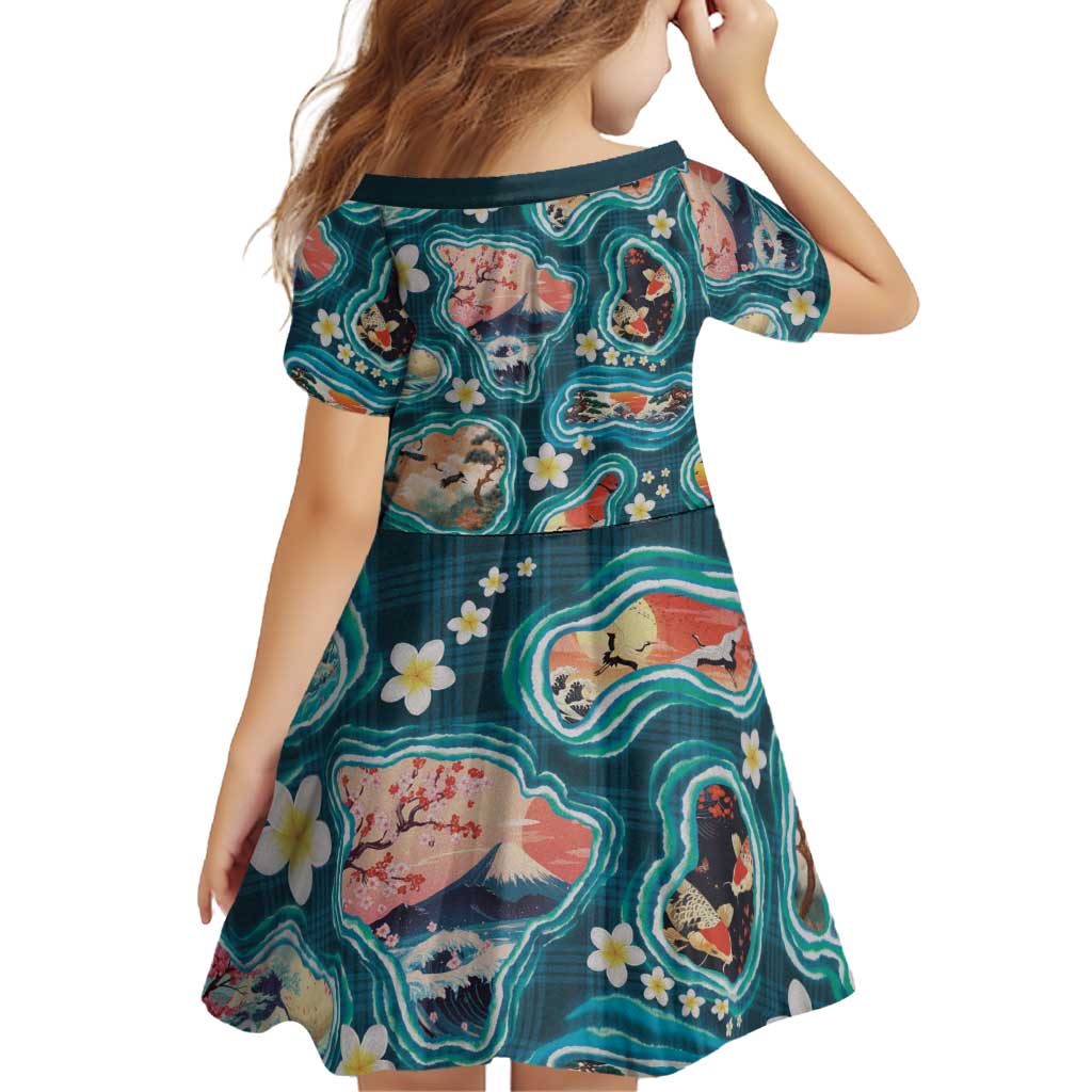 Hawaiian and Japanese Culture Together Family Matching Summer Maxi Dress and Hawaiian Shirt Hawaiian Island Shapes with Japanese Landscape Teal Color LT03 - Polynesian Pride