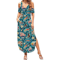 Hawaiian and Japanese Culture Together Family Matching Summer Maxi Dress and Hawaiian Shirt Hawaiian Island Shapes with Japanese Landscape Teal Color LT03 Mom's Dress Teal - Polynesian Pride