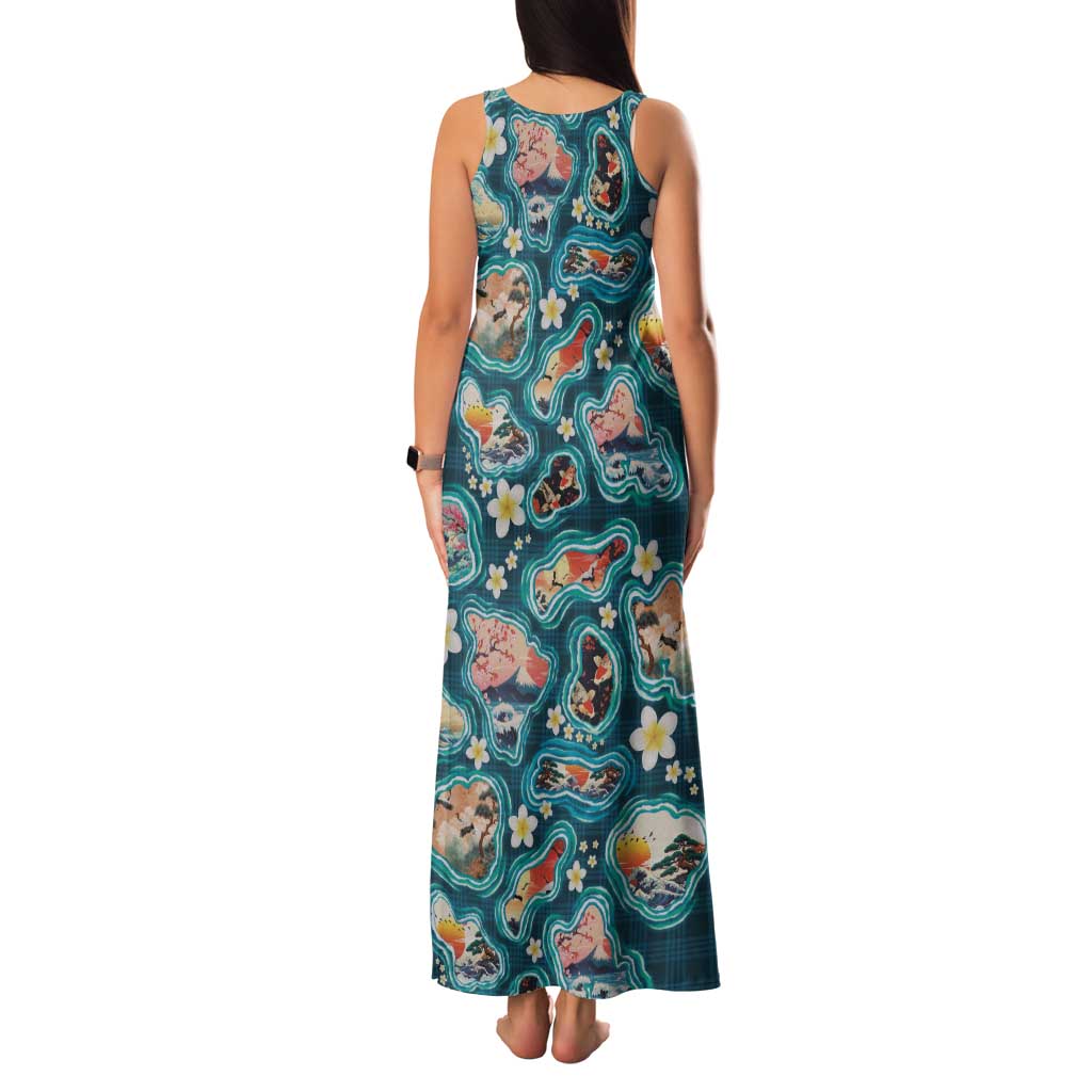 Hawaiian and Japanese Culture Together Family Matching Tank Maxi Dress and Hawaiian Shirt Hawaiian Island Shapes with Japanese Landscape Teal Color LT03 - Polynesian Pride