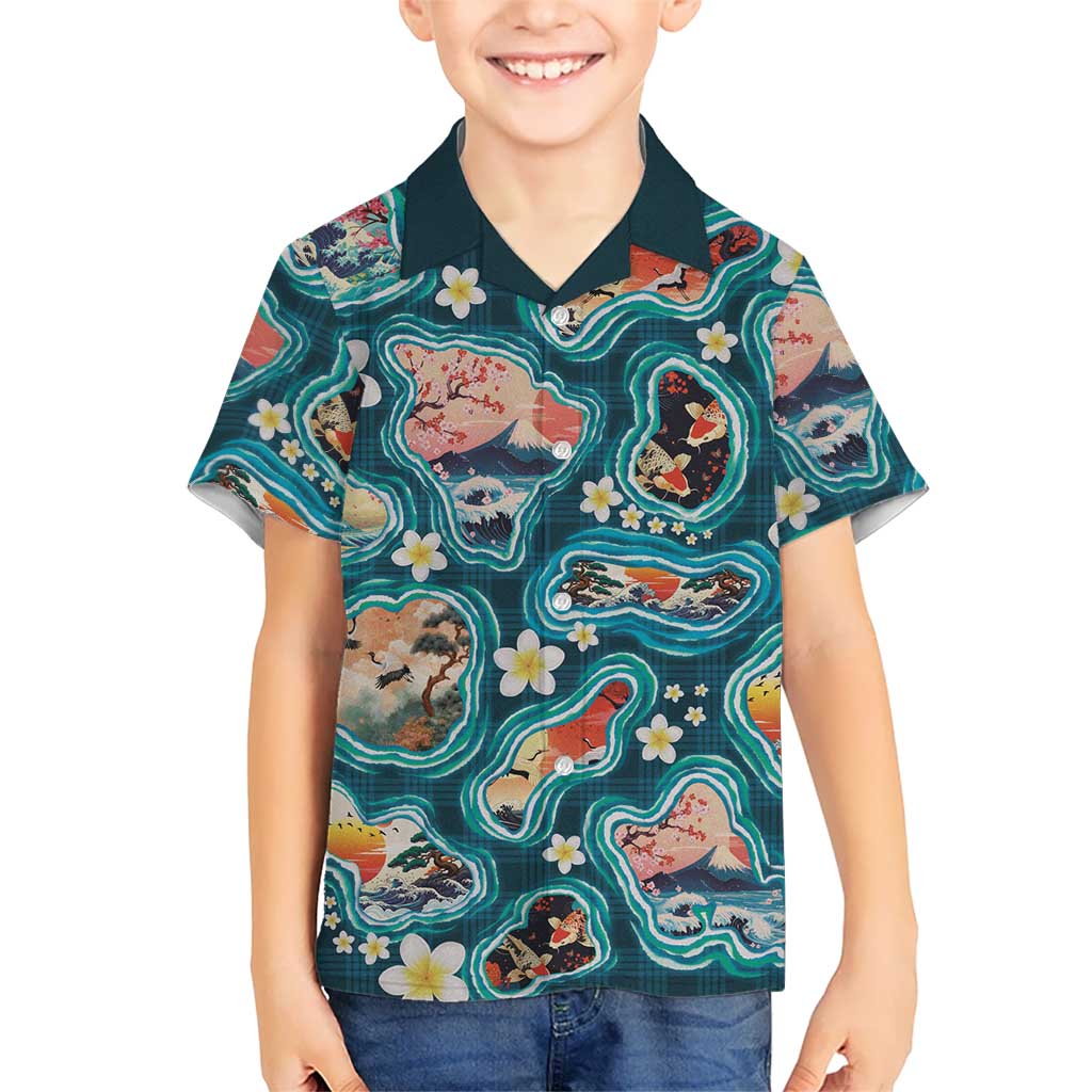 Hawaiian and Japanese Culture Together Family Matching Tank Maxi Dress and Hawaiian Shirt Hawaiian Island Shapes with Japanese Landscape Teal Color LT03 Son's Shirt Teal - Polynesian Pride