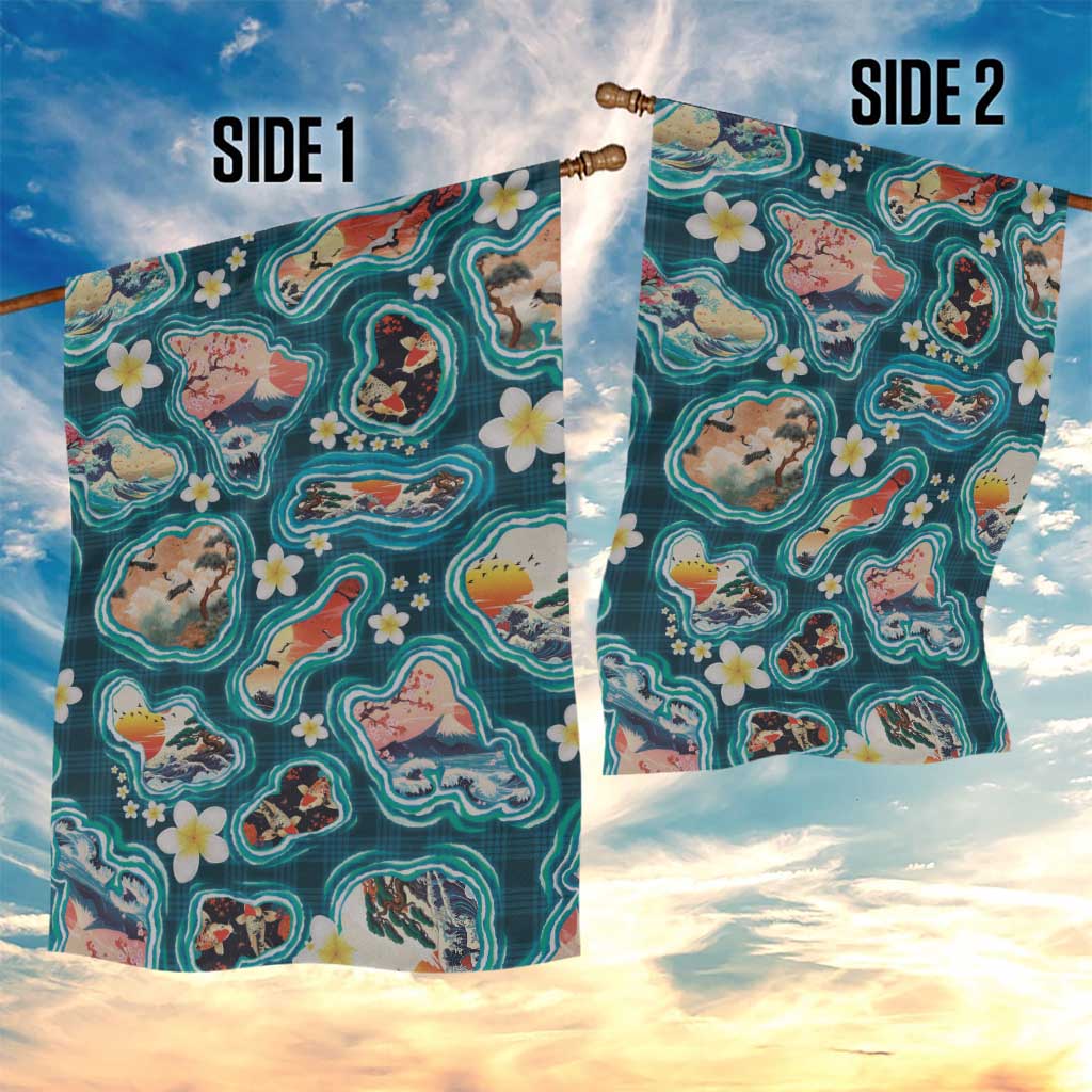 Hawaiian and Japanese Culture Together Garden Flag Hawaiian Island Shapes with Japanese Landscape Teal Color LT03 - Polynesian Pride