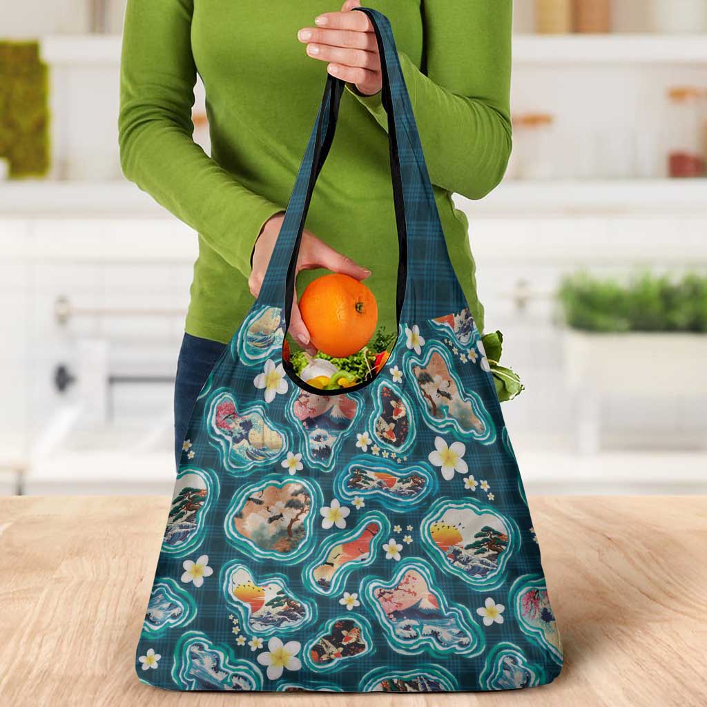 Hawaiian and Japanese Culture Together Grocery Bag Hawaiian Island Shapes with Japanese Landscape Teal Color LT03 - Polynesian Pride