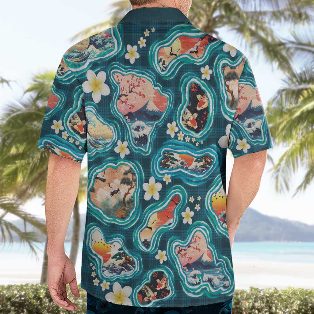 Hawaiian and Japanese Culture Together Hawaiian Shirt Hawaiian Island Shapes with Japanese Landscape Teal Color LT03 - Polynesian Pride