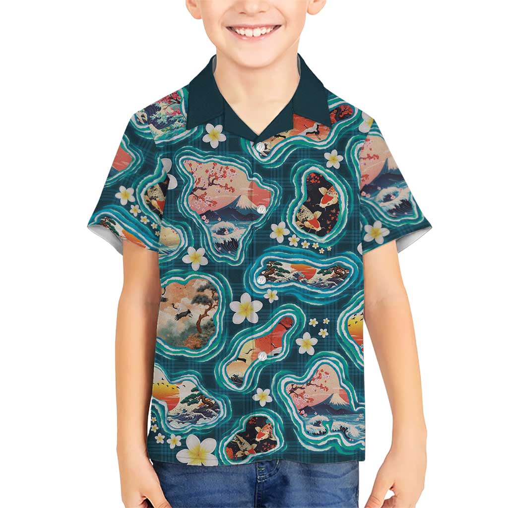 Hawaiian and Japanese Culture Together Hawaiian Shirt Hawaiian Island Shapes with Japanese Landscape Teal Color LT03 - Polynesian Pride